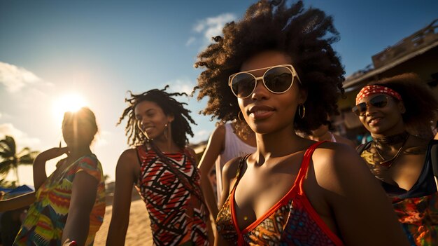 Foto hermosas chicas negras se divierten en una fiesta de playa.