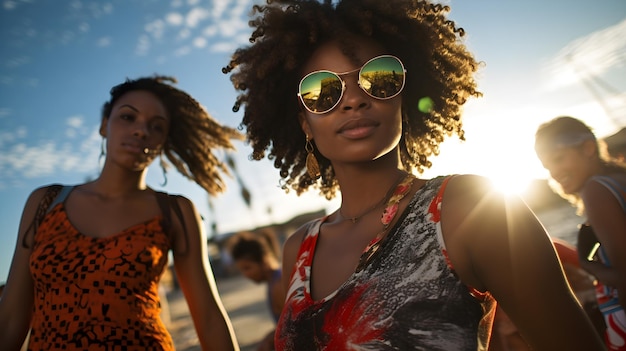 Foto hermosas chicas negras se divierten en una fiesta de playa.