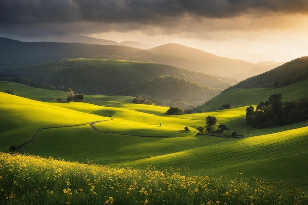 hermosas colinas verdes con el amanecer hermosas collinas verdes con la salida del sol prado verde al amanecer