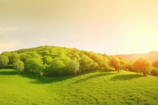 Hermosas colinas verdes con cielo naranja ai generativo