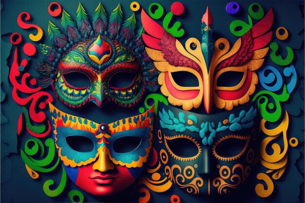 Hermosas y coloridas máscaras étnicas de carnaval AI generativa