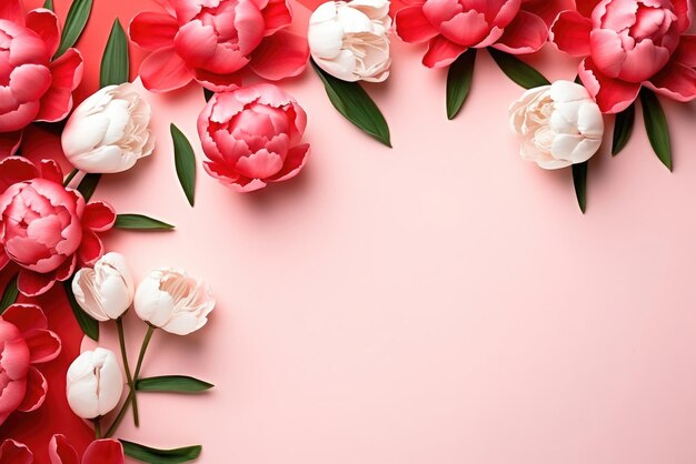 Hermosas composiciones de flores de primavera Ramo de tulipanes en fondo rosa pastel Día de San Valentín Pascua Cumpleaños Feliz Día de la Mujer Día de las Madres Espacio de copia de vista superior