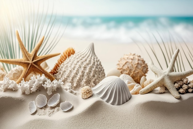 Hermosas conchas corales y estrellas de mar sobre arena blanca pura Ilustración AI Generativo