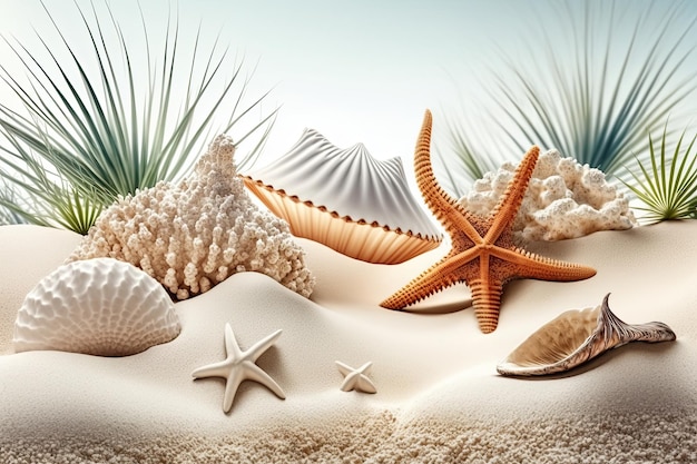 Hermosas conchas corales y estrellas de mar sobre arena blanca pura Ilustración AI Generativo