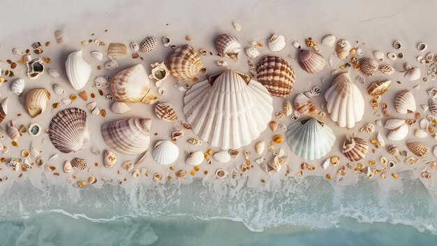 Hermosas conchas marinas diferentes en la arena blanca vista desde arriba como fondo