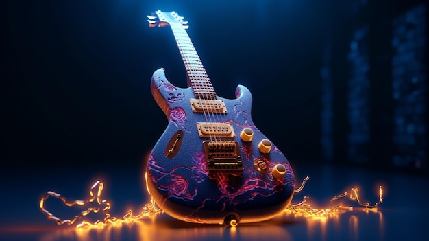 Hermosas cuerdas de guitarra eléctrica de esqueleto de guitarra cósmica Ai generó arte