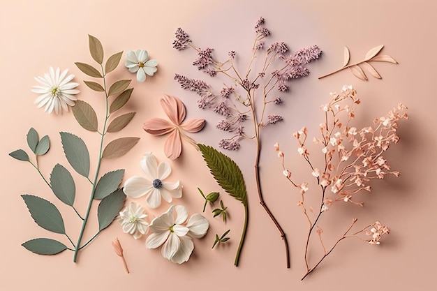 Hermosas y delicadas flores de primavera sobre fondo rosa pastel creadas con ai generativo