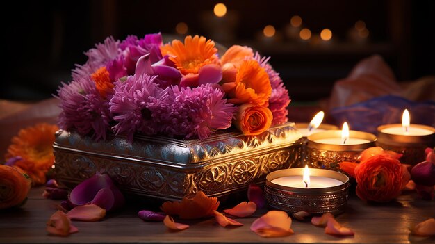 Foto hermosas dias de diwali con regalos y flores feliz diwali