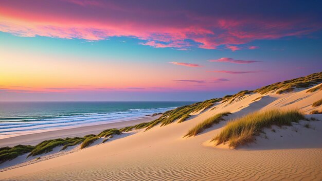 Hermosas dunas de serenidad en la playa Vista del atardecer sobre el océano desde dunas de arena blanca con colores pastel