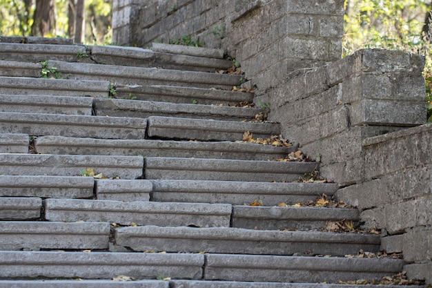 Hermosas escaleras de piedra antigua diabase de piedra oscura natural con escalones de piedra en el parque de verano