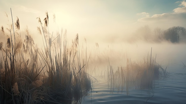 Hermosas escenas serenas de la naturaleza con niebla de caña de río