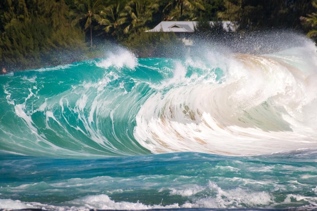 Foto hermosas y espectaculares olas que se estrellan en la playa de los túneles o la playa de makua kauai hawai estados unidos