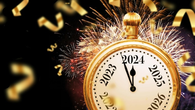 Hermosas flechas de reloj de oro vintage apuntan a 2024 Año Nuevo con confeti dorado y fuegos artificiales idea creativa Feliz Navidad y Año Nuevo 2024 Comienzo de las vacaciones y celebraciones