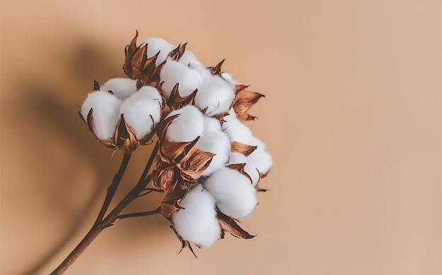 Hermosas flores de algodón blancas y esponjosas secas en una rama de color beige