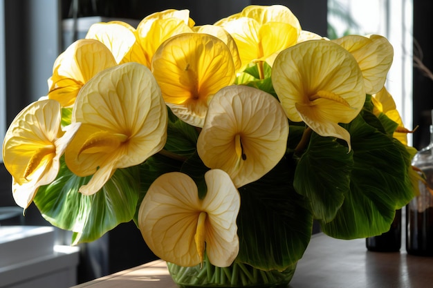 Hermosas flores amarillas de anthurium en un jarrón sobre la mesa