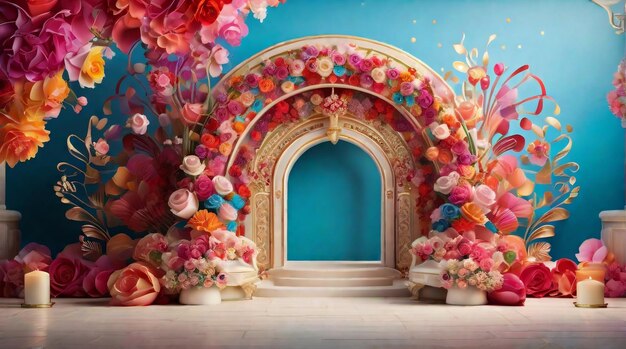 Hermosas flores de arco de boda concepto de diseño de fondo por el día mundial del matrimonio