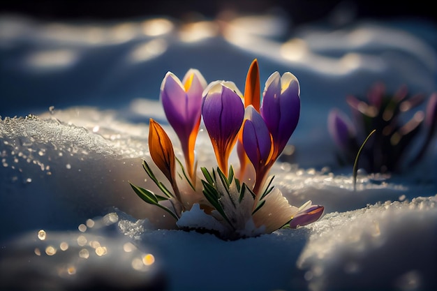 Hermosas flores de azafrán en la nieve Principios de la primavera Símbolo de paz y alegría generativa ai