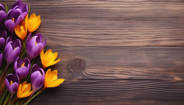 Hermosas flores de azafrán sobre fondo de madera Vista superior con espacio de copia