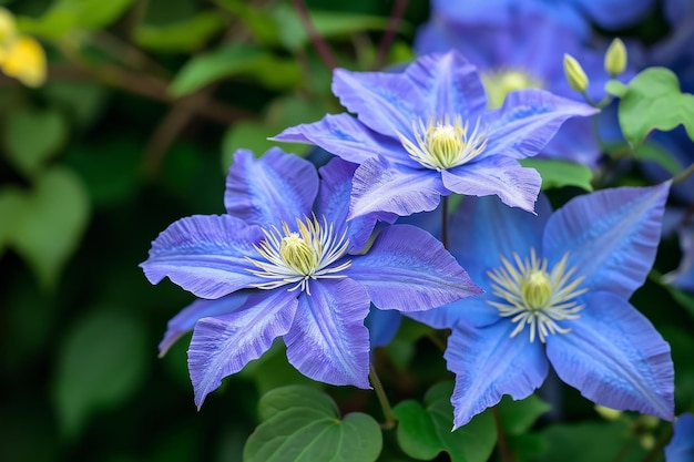 Hermosas flores azules y grandes de clemátide.