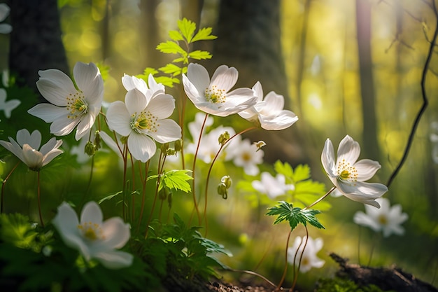 Hermosas flores blancas de anémonas en primavera en un bosque cerca de la luz del sol en la naturaleza