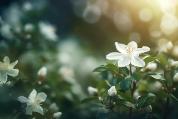 Hermosas flores blancas en el jardín a la luz del sol enfoque selectivo