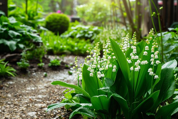 Hermosas flores blancas lirio del valle en el jardín lluvioso convallaria majalis bosque