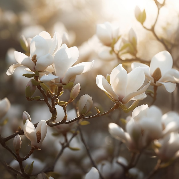 Hermosas flores blancas de magnolia Generado por IA