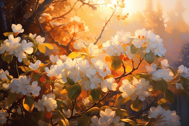 Hermosas flores blancas de magnolia en la luz del sol Fondo de primavera arbusto de jazmín en la cálida luz del atardecer AI Generado
