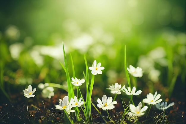 Hermosas flores blancas pequeñas que crecen bajo la luz del sol