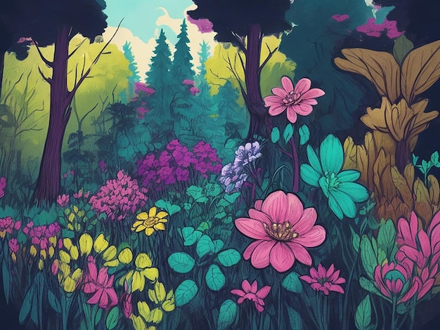 Hermosas flores en el bosque ilustración de dibujos animados