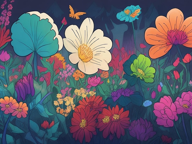 Hermosas flores en el bosque ilustración de dibujos animados