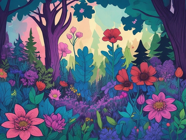 Hermosas flores en el bosque ilustración de dibujos animados