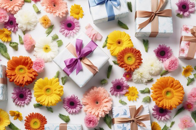Hermosas flores con cajas de regalos IA generativa