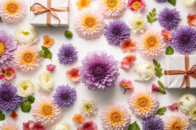 Hermosas flores con cajas de regalos IA generativa