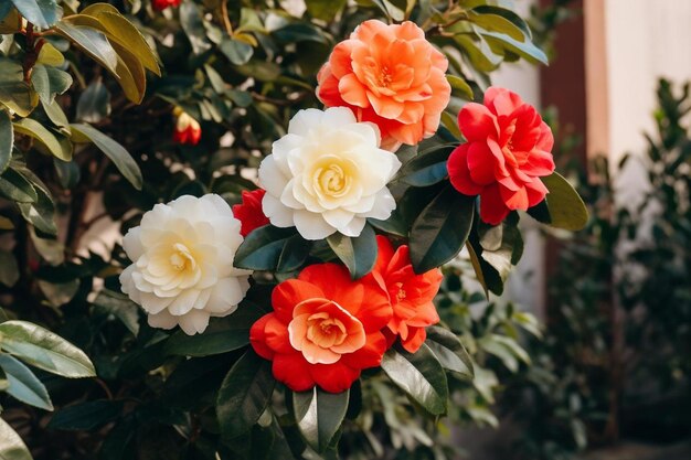 Hermosas flores de camelia con flores coloridas en el jardín