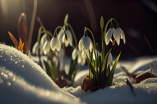 Hermosas flores de campanillas en la nieve Primeras flores de primavera ai generativo