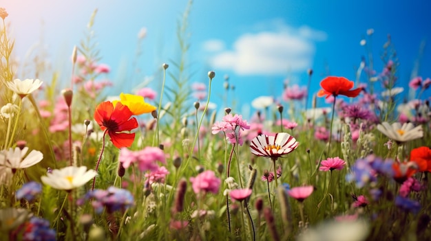 Hermosas flores en el campo Ilustrador de IA generativa