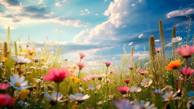 Hermosas flores en el campo Ilustrador de IA generativa