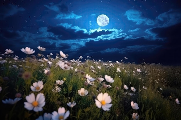 Hermosas flores en el campo por la noche en el fondo de la IA generativa de luna llena