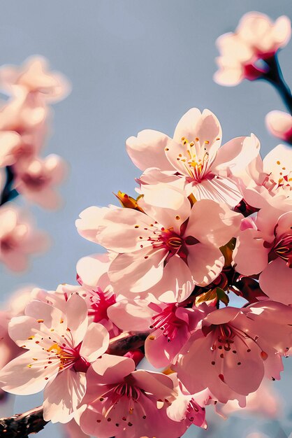 Hermosas flores de cereza rosadas en primavera floreciendo sobre un fondo de cielo azul