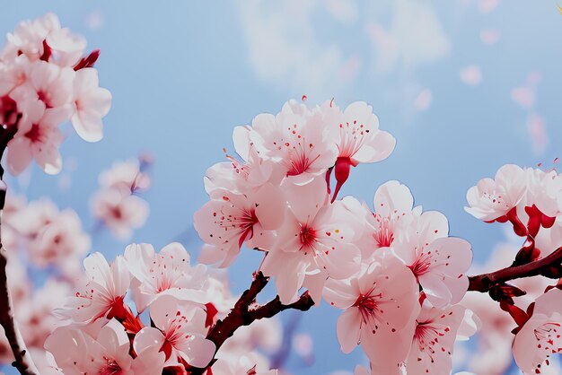 Hermosas flores de cereza rosadas en primavera floreciendo sobre un fondo de cielo azul