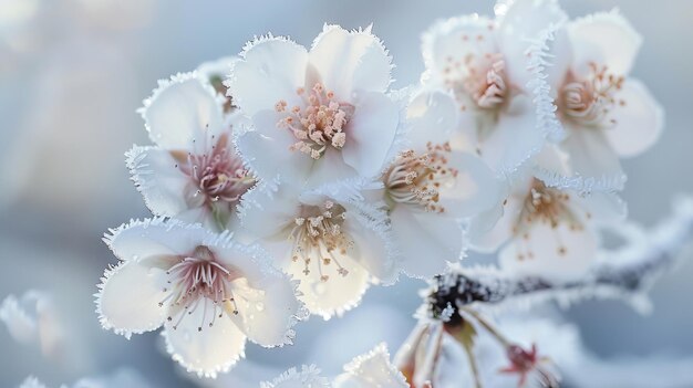Hermosas flores de cerezo en la temporada de invierno con nieve y puesta de sol en el fondo