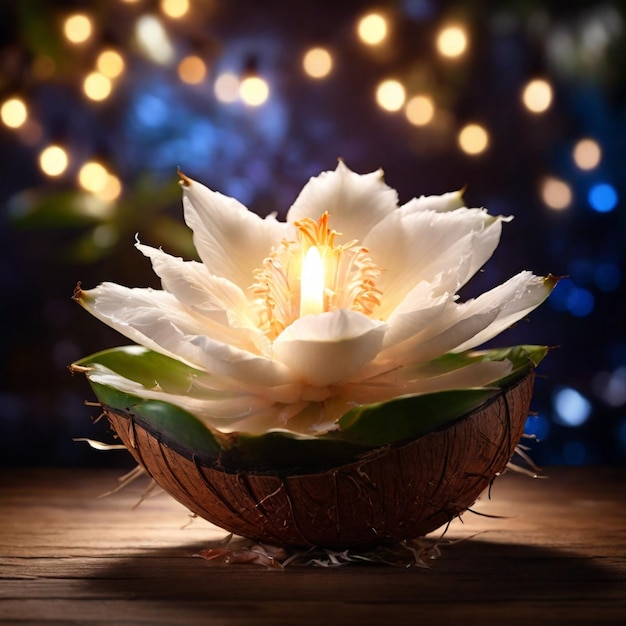 Hermosas flores de coco mágicas con luces mágicas en el fondo