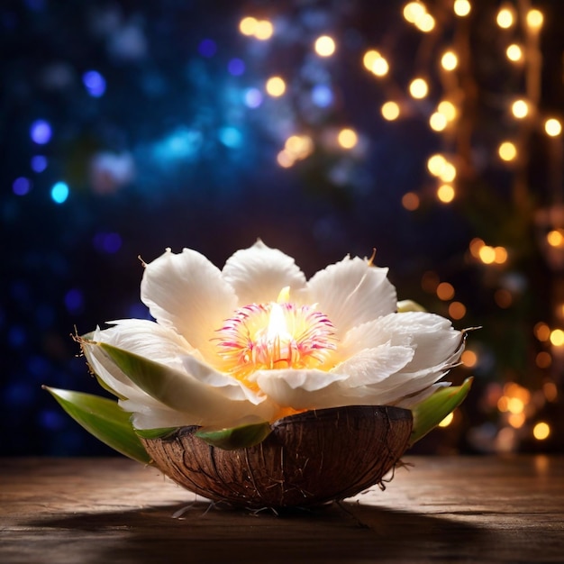 Hermosas flores de coco mágicas con luces mágicas en el fondo