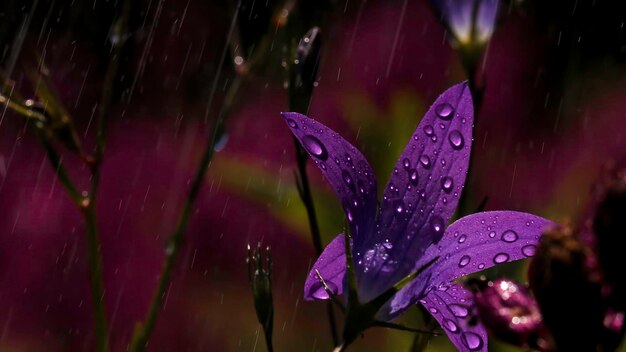 Hermosas flores de color púrpura en fotografía macro, pequeñas flores creativas de color púrpura brillante con gotas de lluvia