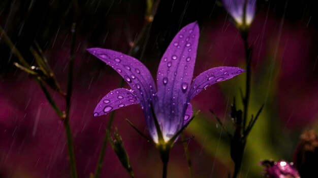 Hermosas flores de color púrpura en fotografía macro, pequeñas flores creativas de color púrpura brillante con gotas de lluvia