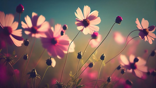 Las hermosas flores del cosmos de enfoque suave están floreciendo en tonos antiguos con un fondo de cielo brillante