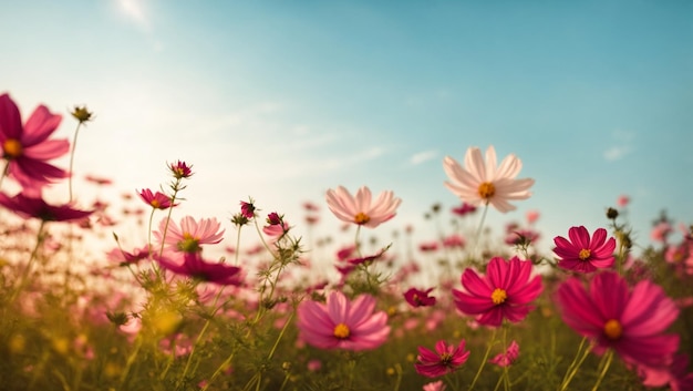 Las hermosas flores del cosmos florecen