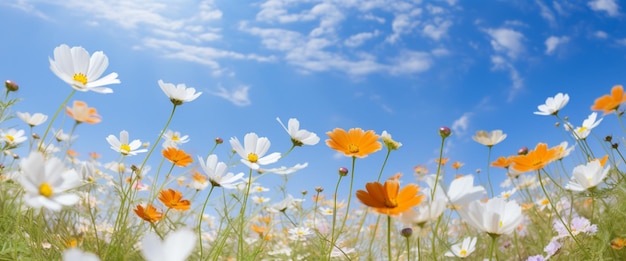 Hermosas flores del cosmos en el fondo del cielo azul bandera panorámica