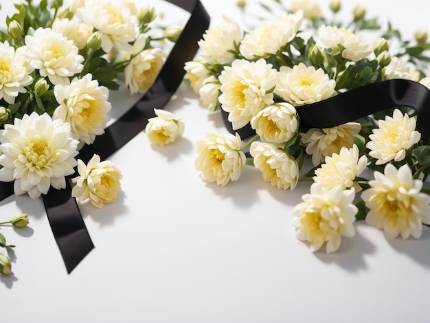 Hermosas flores de crisantemo y elegancia de cinta negra en flor